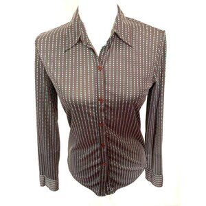 Express World Brand Chocolate Brown Teal Blue Swiss Dot Button Down Small